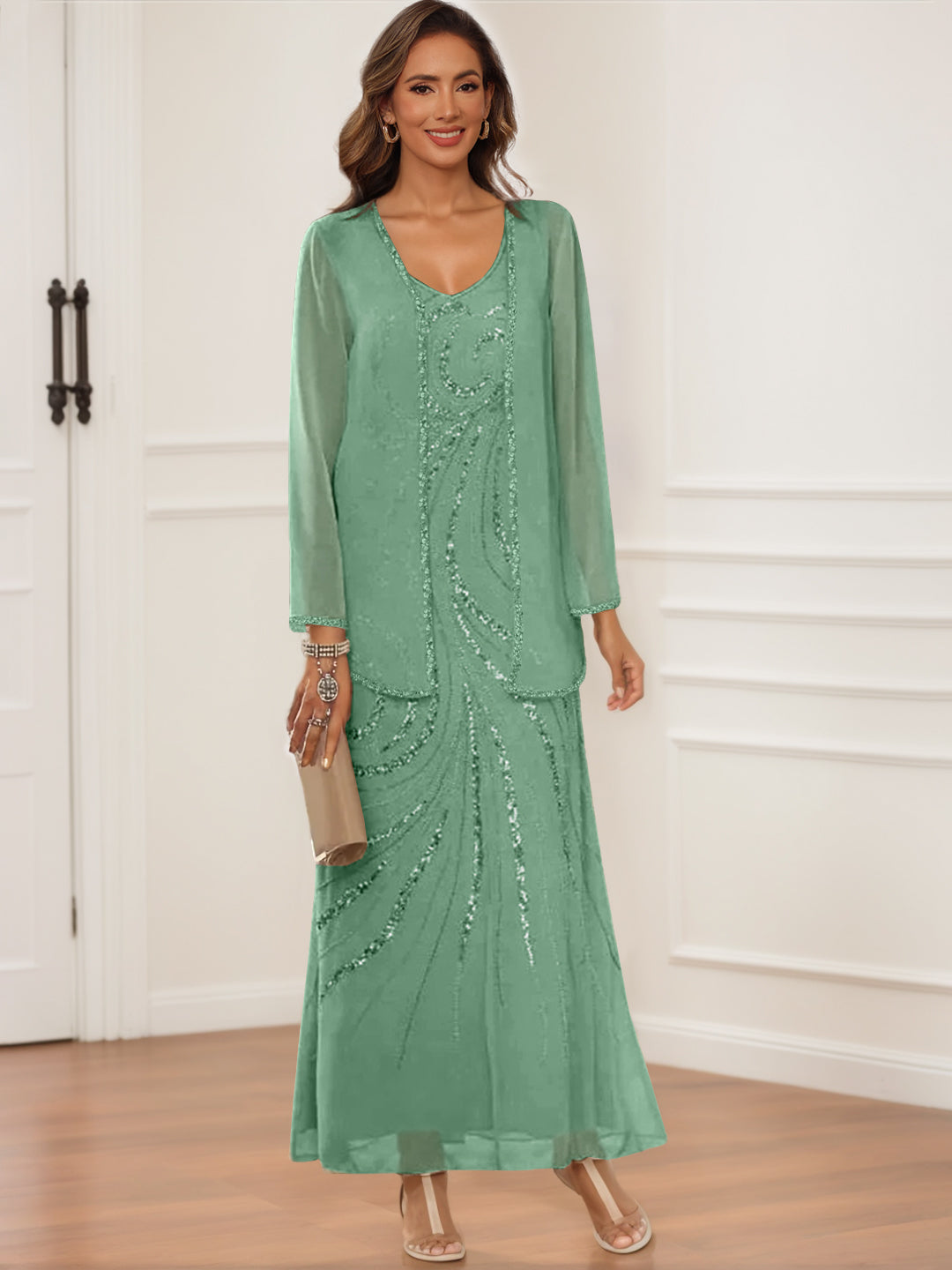 V-Neck Ankle-Length Sheath/Column Dress with Jacket & Sequins for Mothers of the Bride & Groom-BMbridal