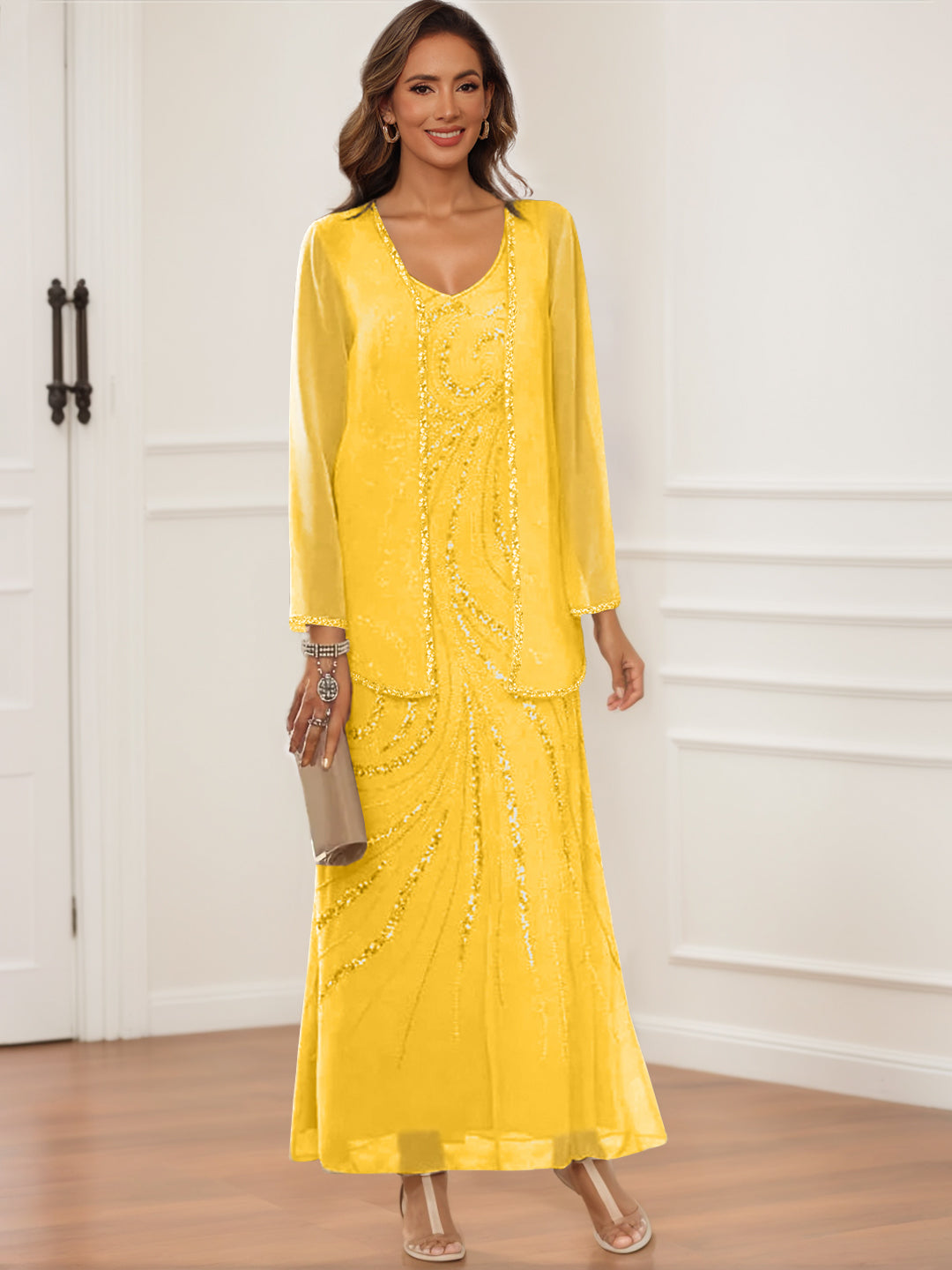 V-Neck Ankle-Length Sheath/Column Dress with Jacket & Sequins for Mothers of the Bride & Groom-BMbridal