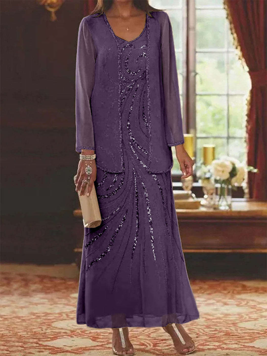 V-Neck Ankle-Length Sheath/Column Mother of the Bride Dresses with Sequins & Jacket-BMbridal