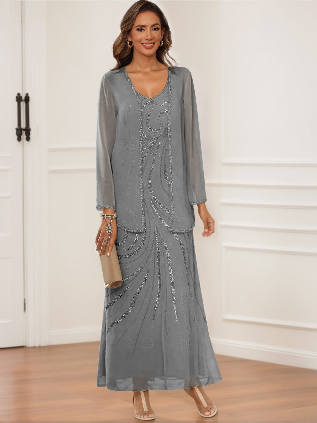 V-Neck Ankle-Length Sheath/Column Dress with Jacket & Sequins for Mothers of the Bride & Groom-BMbridal