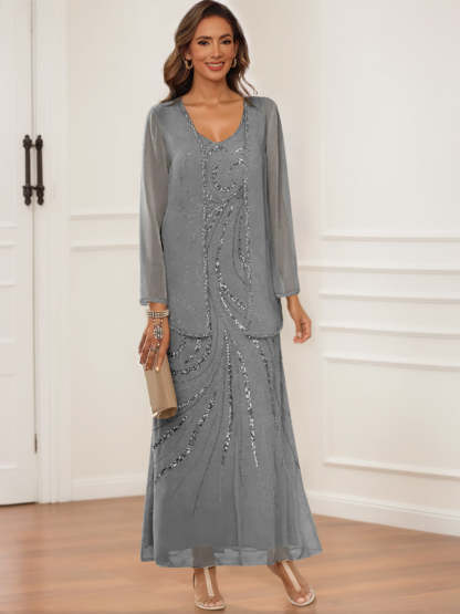 V-Neck Ankle-Length Sheath/Column Dress with Jacket & Sequins for Mothers of the Bride & Groom-BMbridal