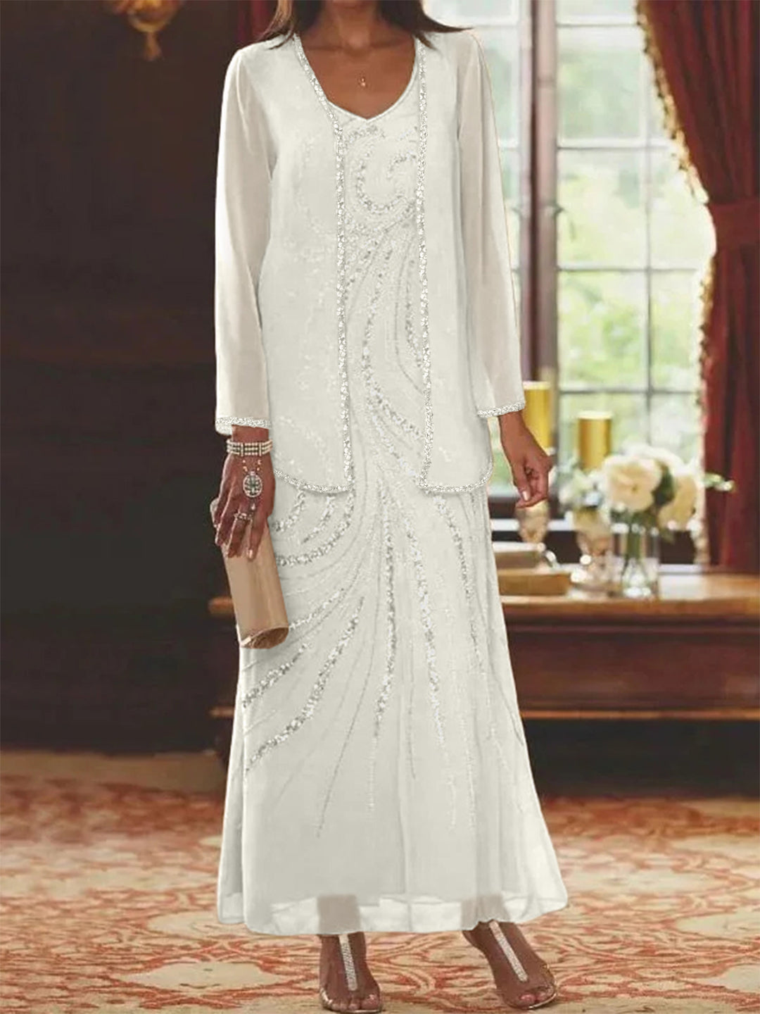 V-Neck Ankle-Length Sheath/Column Mother of the Bride Dresses with Sequins & Jacket-BMbridal