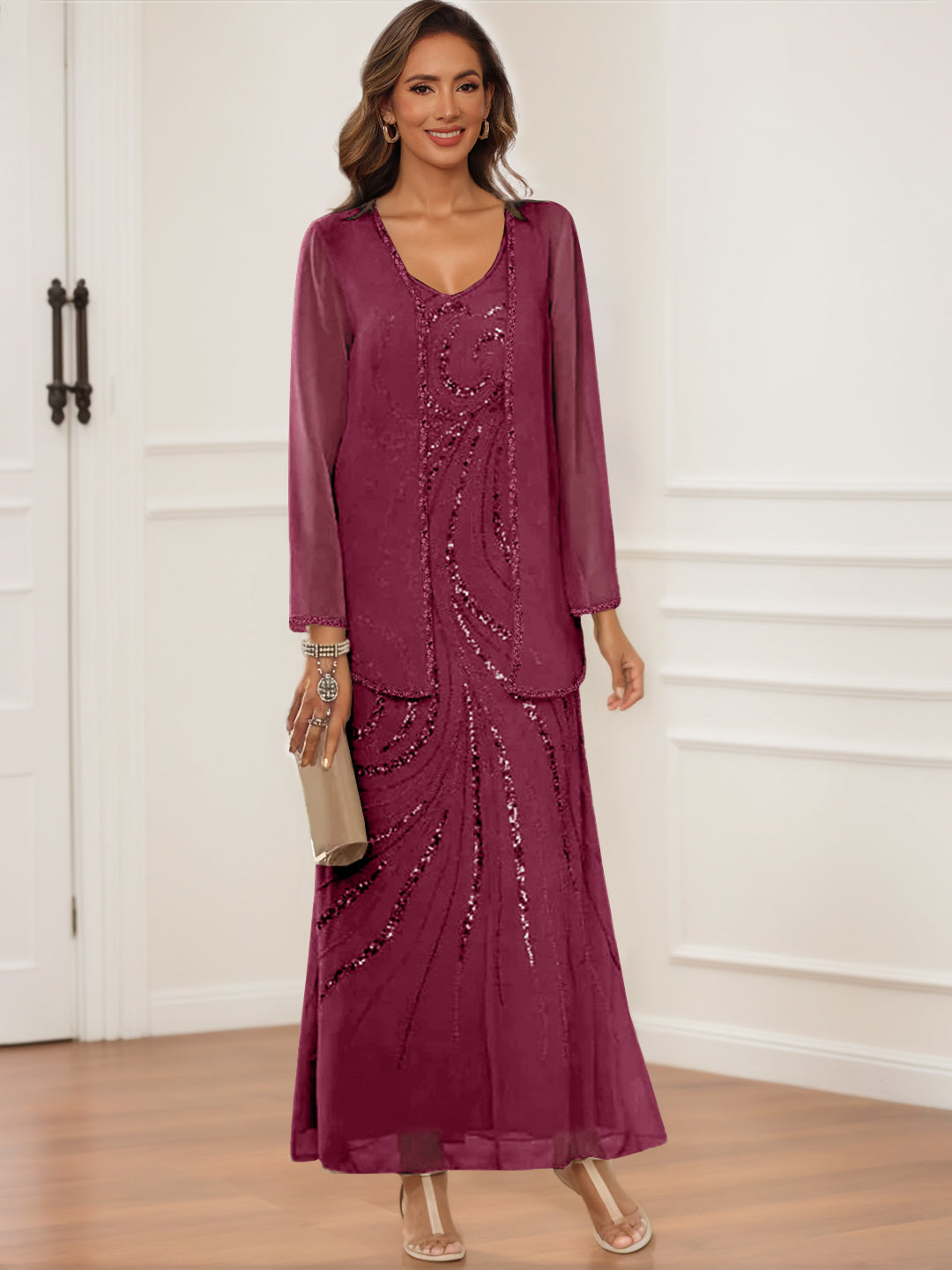 V-Neck Ankle-Length Sheath/Column Dress with Jacket & Sequins for Mothers of the Bride & Groom-BMbridal