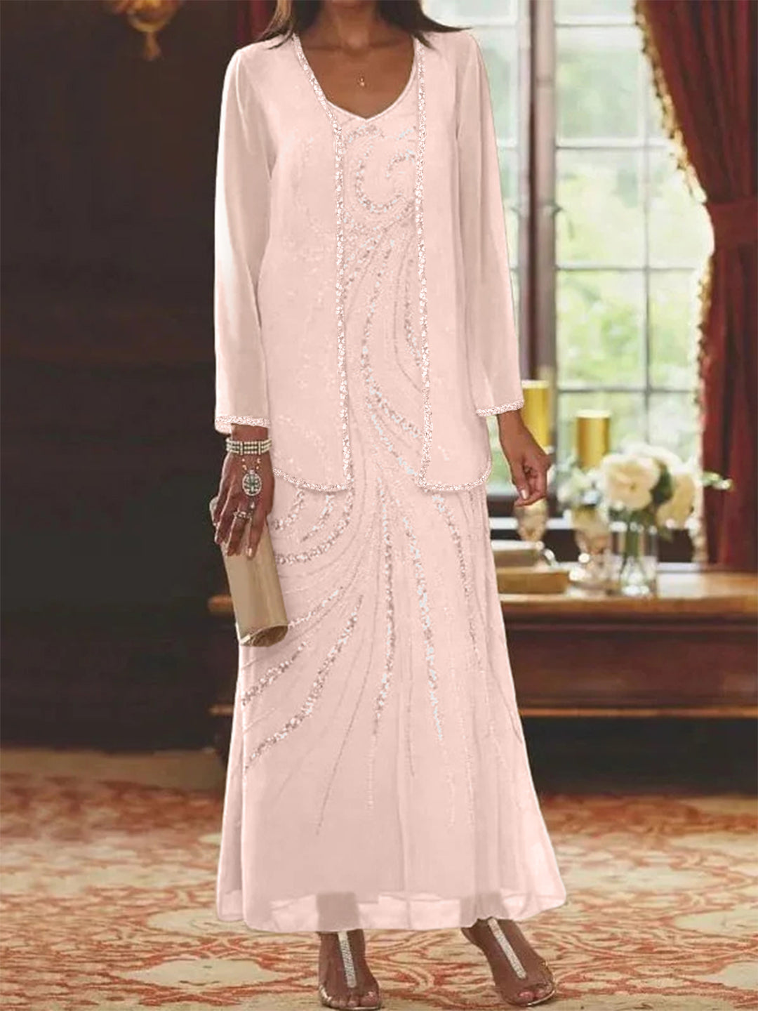 V-Neck Ankle-Length Sheath/Column Mother of the Bride Dresses with Sequins & Jacket-BMbridal