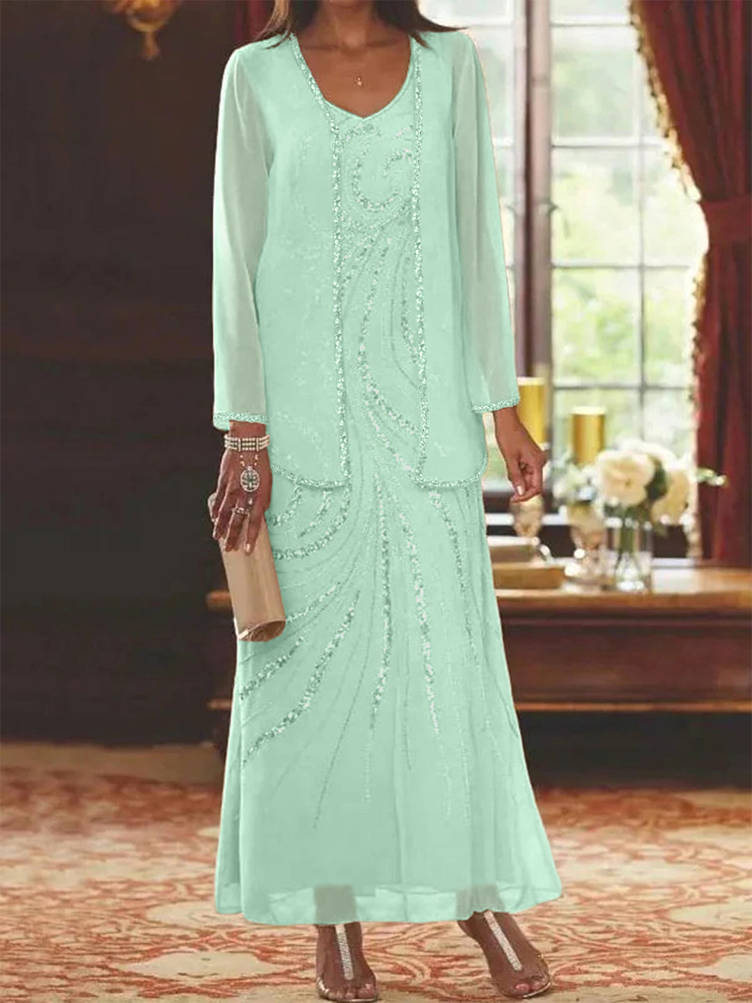 V-Neck Ankle-Length Sheath/Column Mother of the Bride Dresses with Sequins & Jacket-BMbridal