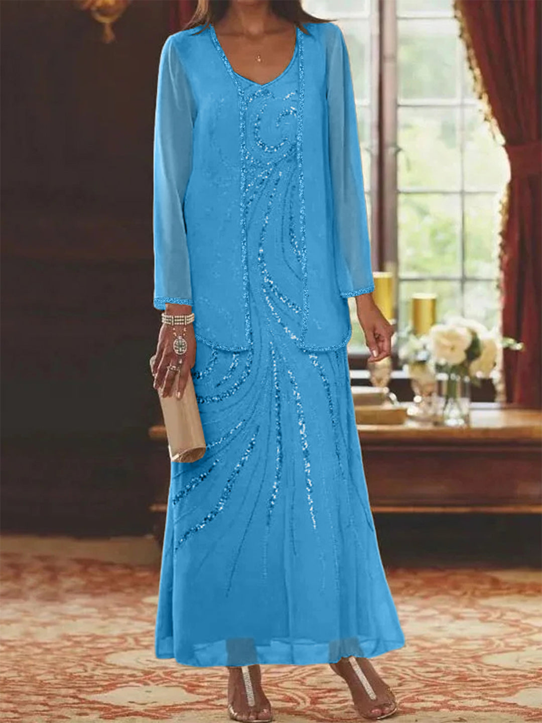 V-Neck Ankle-Length Sheath/Column Mother of the Bride Dresses with Sequins & Jacket-BMbridal