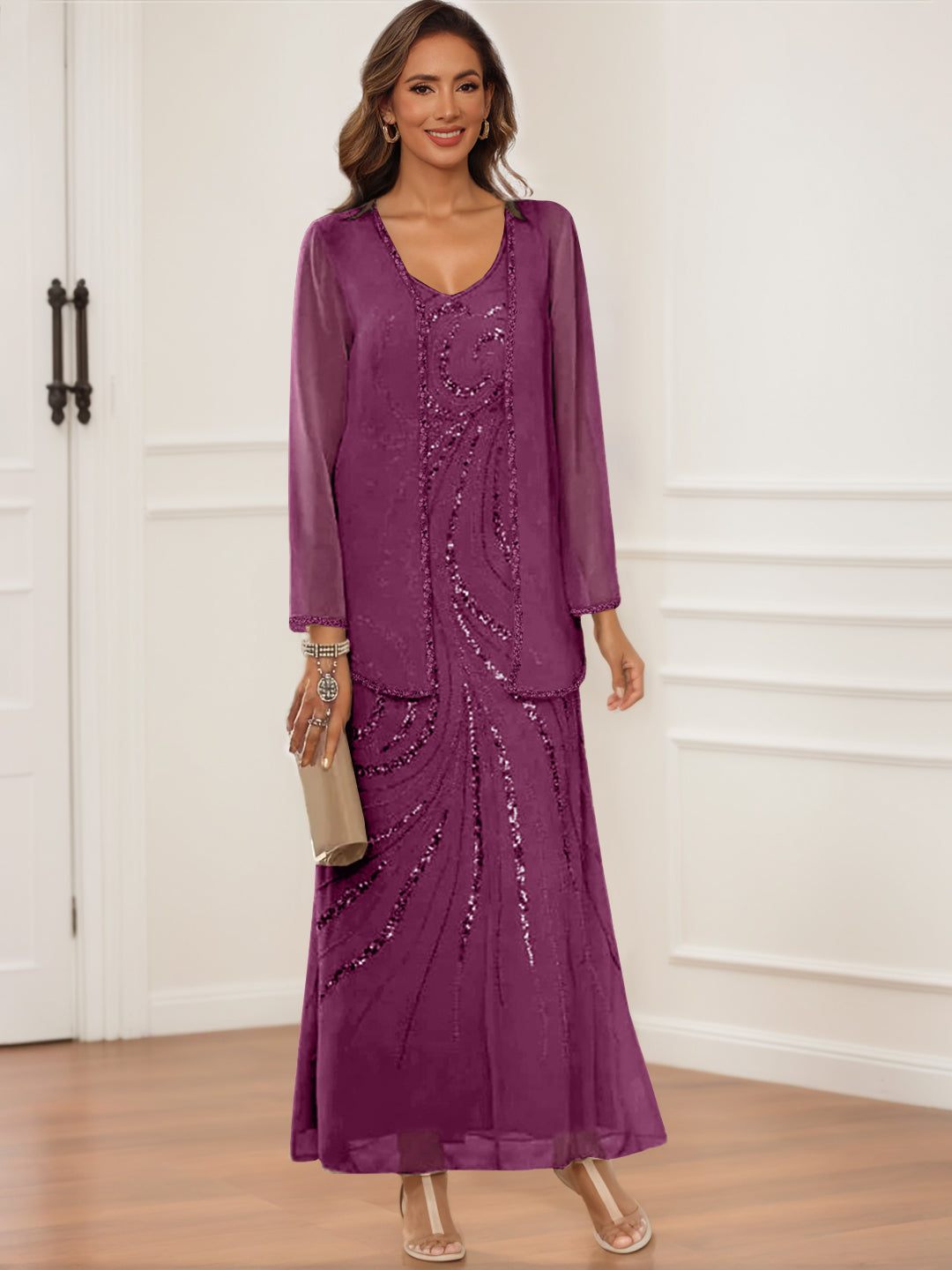 V-Neck Ankle-Length Sheath/Column Dress with Jacket & Sequins for Mothers of the Bride & Groom-BMbridal