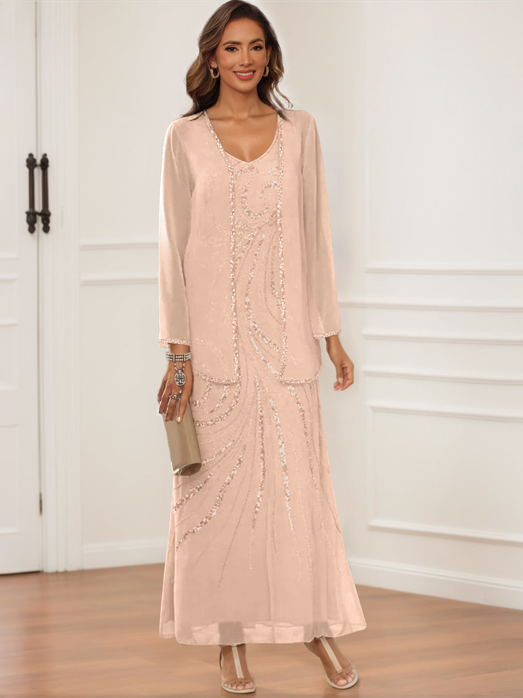 V-Neck Ankle-Length Sheath/Column Dress with Jacket & Sequins for Mothers of the Bride & Groom-BMbridal