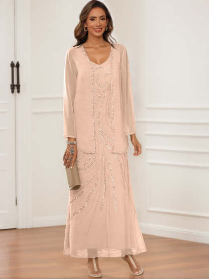 V-Neck Ankle-Length Sheath/Column Dress with Jacket & Sequins for Mothers of the Bride & Groom-BMbridal