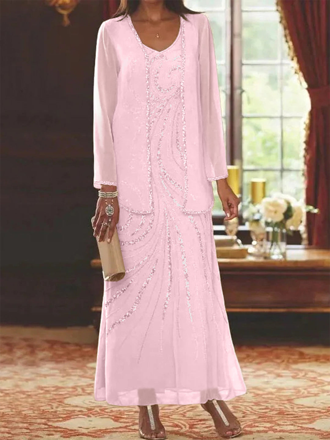 V-Neck Ankle-Length Sheath/Column Mother of the Bride Dresses with Sequins & Jacket-BMbridal