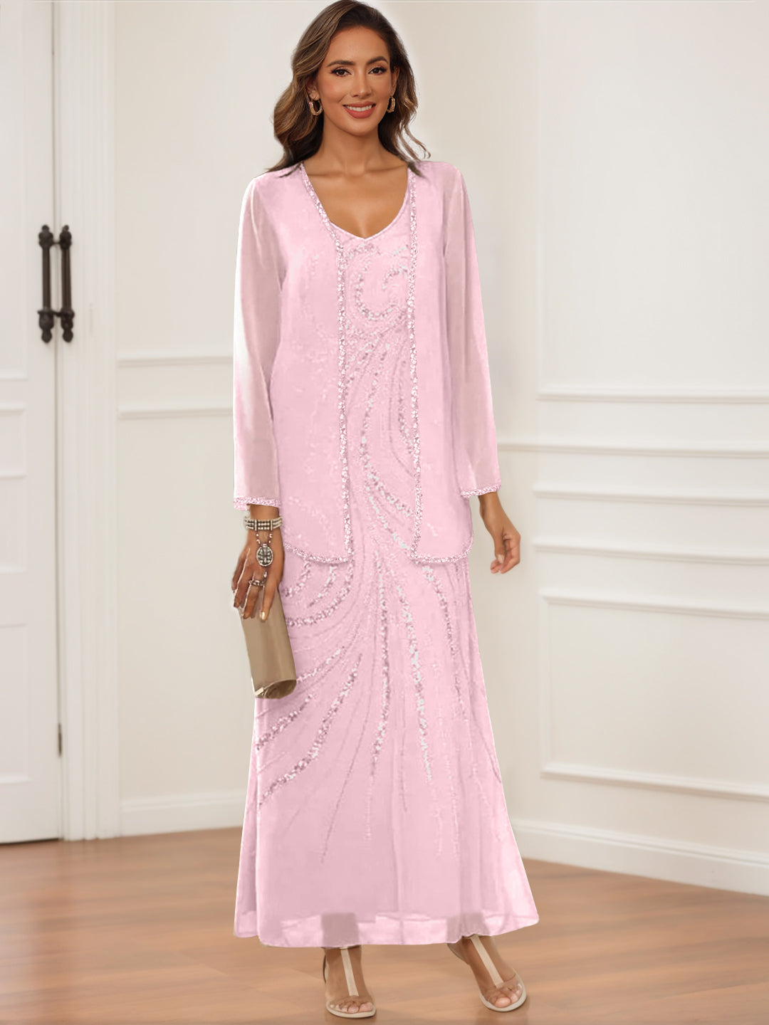 V-Neck Ankle-Length Sheath/Column Dress with Jacket & Sequins for Mothers of the Bride & Groom-BMbridal