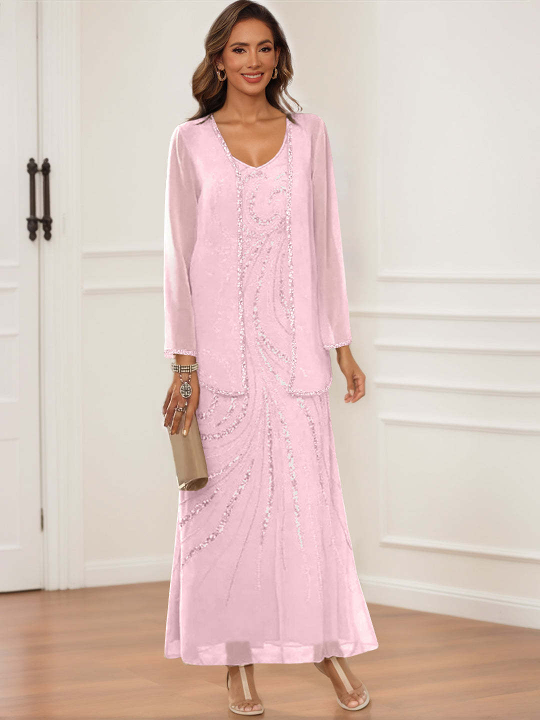 V-Neck Ankle-Length Sheath/Column Dress with Jacket & Sequins for Mothers of the Bride & Groom-BMbridal