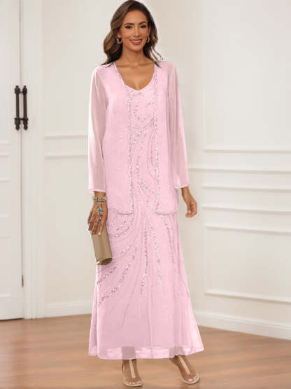 V-Neck Ankle-Length Sheath/Column Dress with Jacket & Sequins for Mothers of the Bride & Groom-BMbridal