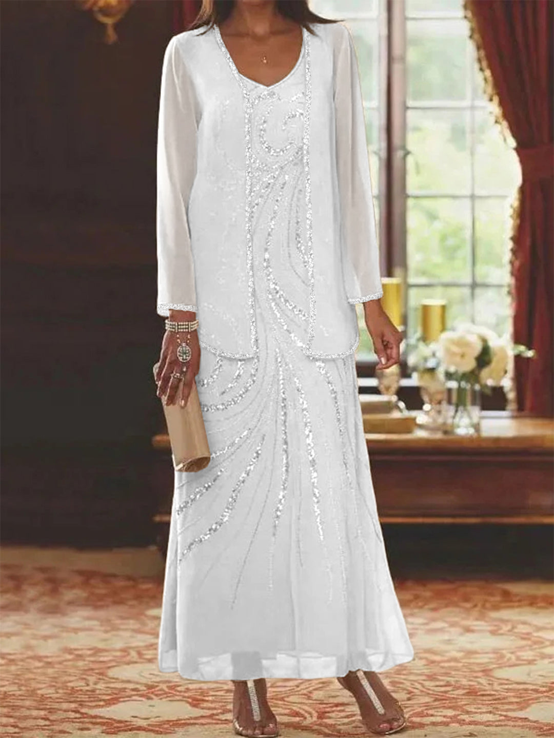 V-Neck Ankle-Length Sheath/Column Mother of the Bride Dresses with Sequins & Jacket-BMbridal