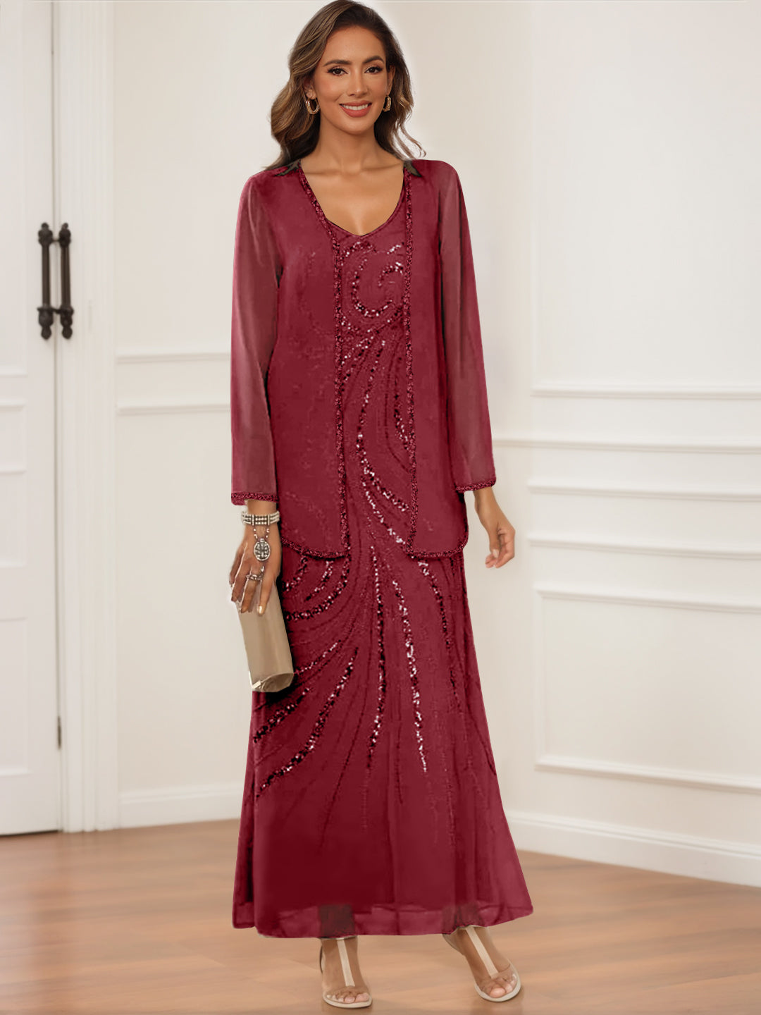 V-Neck Ankle-Length Sheath/Column Dress with Jacket & Sequins for Mothers of the Bride & Groom-BMbridal