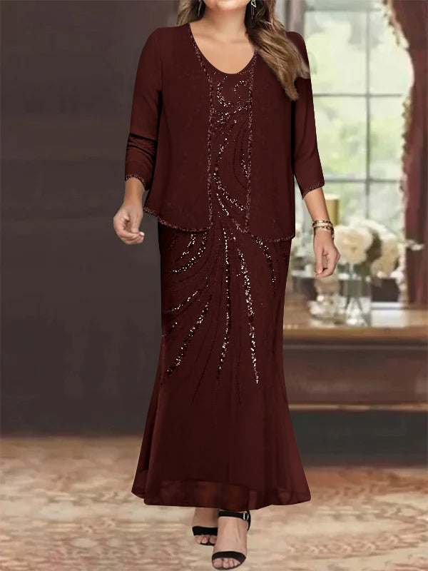Plus Size V-Neck Ankle-Length Sheath/Column Mother of the Bride Dresses with Sequins & Jacket-BMbridal