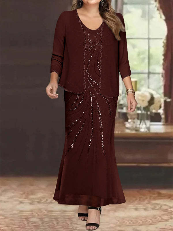 Plus Size V-Neck Ankle-Length Sheath/Column Mother of the Bride Dresses with Sequins & Jacket-BMbridal
