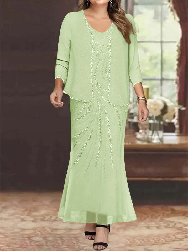 Plus Size V-Neck Ankle-Length Sheath/Column Mother of the Bride Dresses with Sequins & Jacket-BMbridal