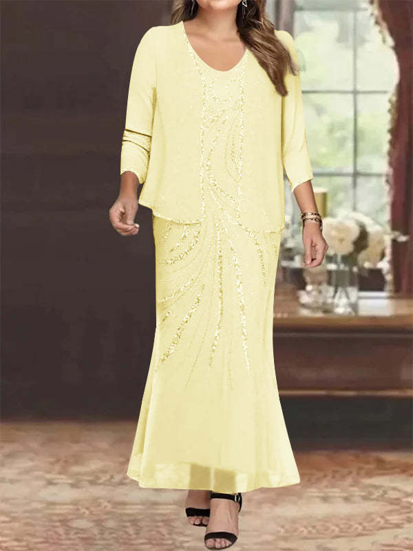 Plus Size V-Neck Ankle-Length Sheath/Column Mother of the Bride Dresses with Sequins & Jacket-BMbridal