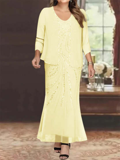 Plus Size V-Neck Ankle-Length Sheath/Column Mother of the Bride Dresses with Sequins & Jacket-BMbridal