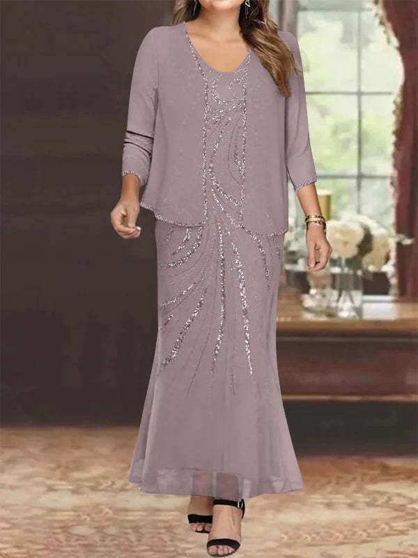 Plus Size V-Neck Ankle-Length Sheath/Column Mother of the Bride Dresses with Sequins & Jacket-BMbridal