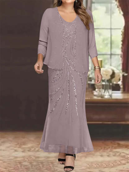 Plus Size V-Neck Ankle-Length Sheath/Column Mother of the Bride Dresses with Sequins & Jacket-BMbridal