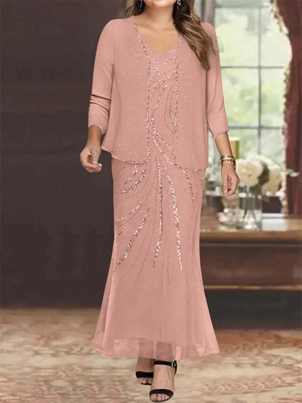 Plus Size V-Neck Ankle-Length Sheath/Column Mother of the Bride Dresses with Sequins & Jacket-BMbridal