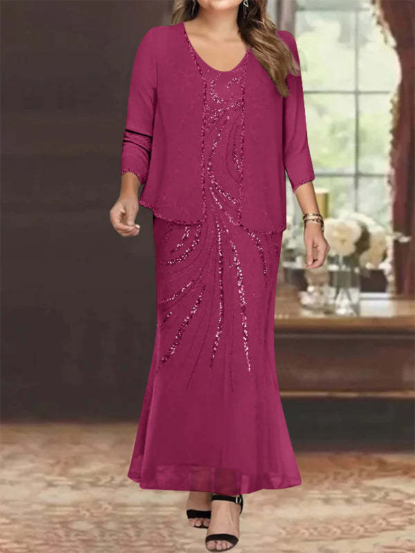 Plus Size V-Neck Ankle-Length Sheath/Column Mother of the Bride Dresses with Sequins & Jacket-BMbridal