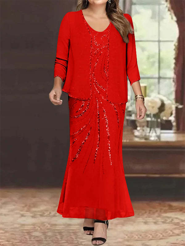 Plus Size V-Neck Ankle-Length Sheath/Column Mother of the Bride Dresses with Sequins & Jacket-BMbridal