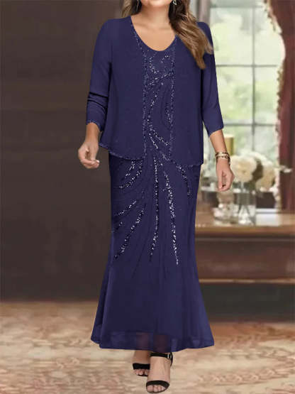 Plus Size V-Neck Ankle-Length Sheath/Column Mother of the Bride Dresses with Sequins & Jacket-BMbridal