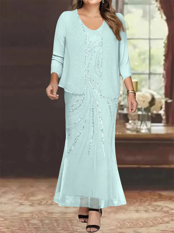 Plus Size V-Neck Ankle-Length Sheath/Column Mother of the Bride Dresses with Sequins & Jacket-BMbridal