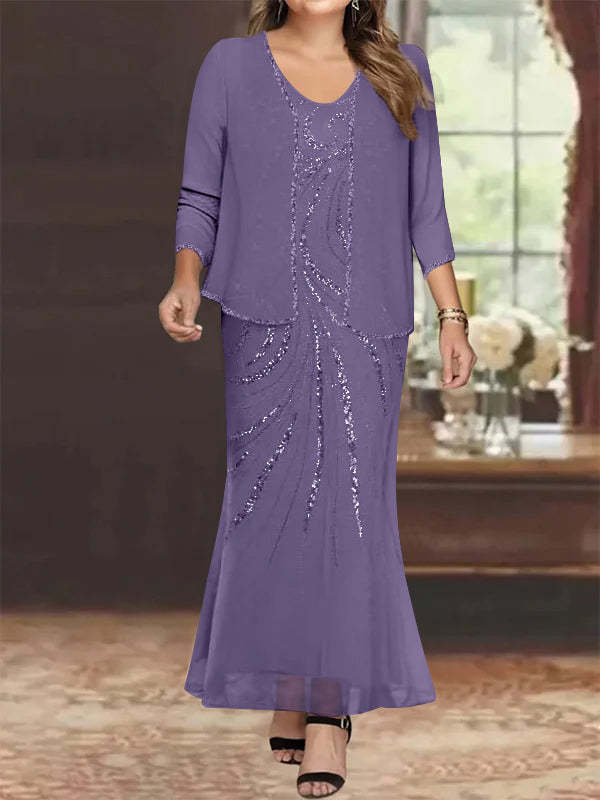 Plus Size V-Neck Ankle-Length Sheath/Column Mother of the Bride Dresses with Sequins & Jacket-BMbridal