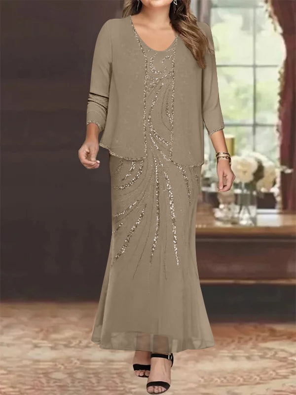 Plus Size V-Neck Ankle-Length Sheath/Column Mother of the Bride Dresses with Sequins & Jacket-BMbridal