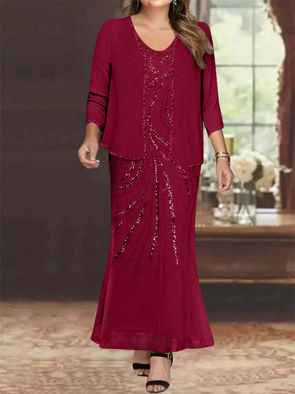 Plus Size V-Neck Ankle-Length Sheath/Column Mother of the Bride Dresses with Sequins & Jacket-BMbridal