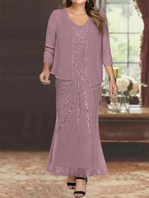 Plus Size V-Neck Ankle-Length Sheath/Column Mother of the Bride Dresses with Sequins & Jacket-BMbridal