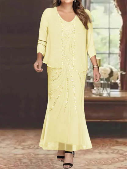 Plus Size V-Neck Ankle-Length Sheath/Column Mother of the Bride Dresses with Sequins & Jacket-BMbridal