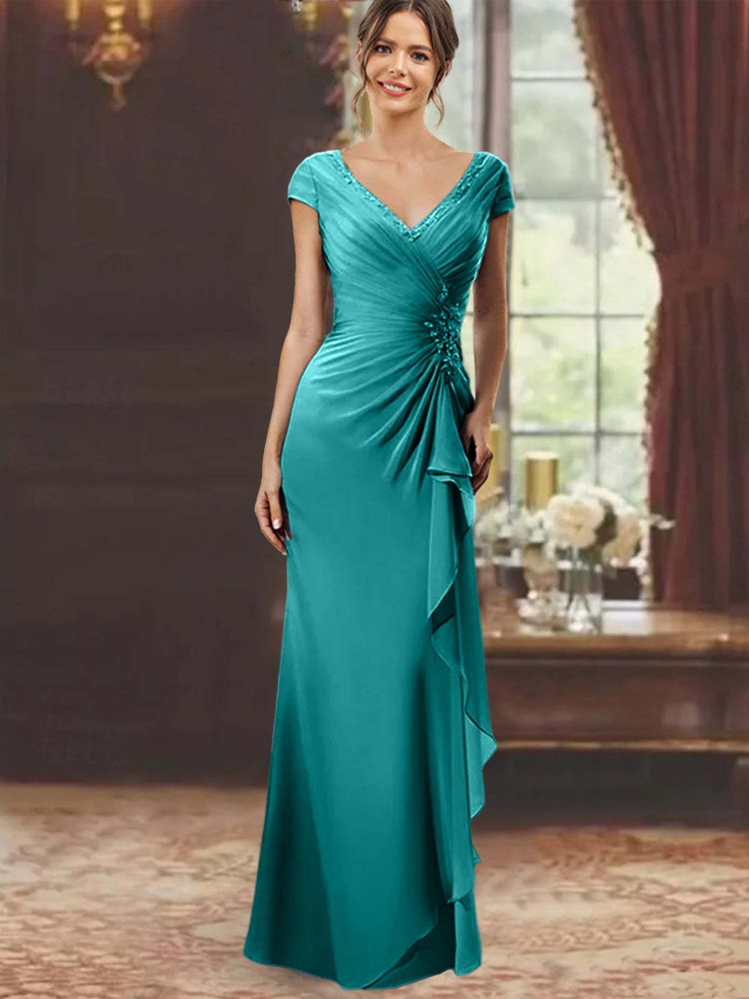 V-Neck Short-Sleeve Floor-Length Sheath Dress for the Mother of the Bride with Ruffles and Appliques-BMbridal