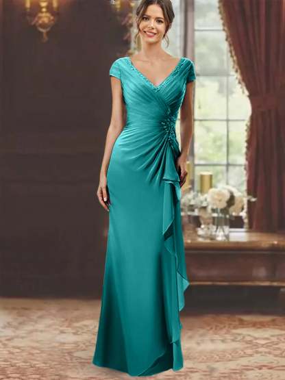 V-Neck Short-Sleeve Floor-Length Sheath Dress for the Mother of the Bride with Ruffles and Appliques-BMbridal