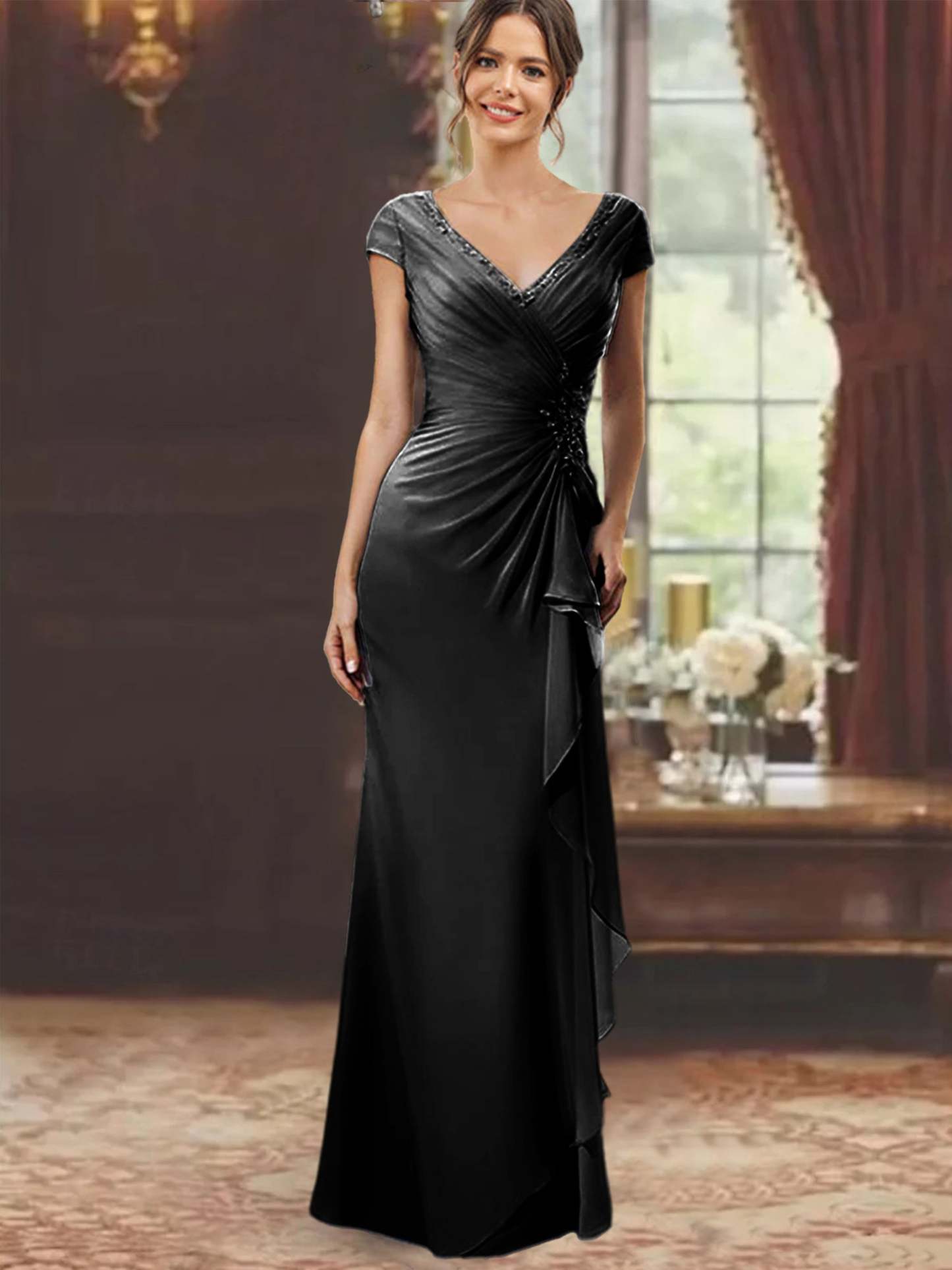 V-Neck Short-Sleeve Floor-Length Sheath Dress for the Mother of the Bride with Ruffles and Appliques-BMbridal