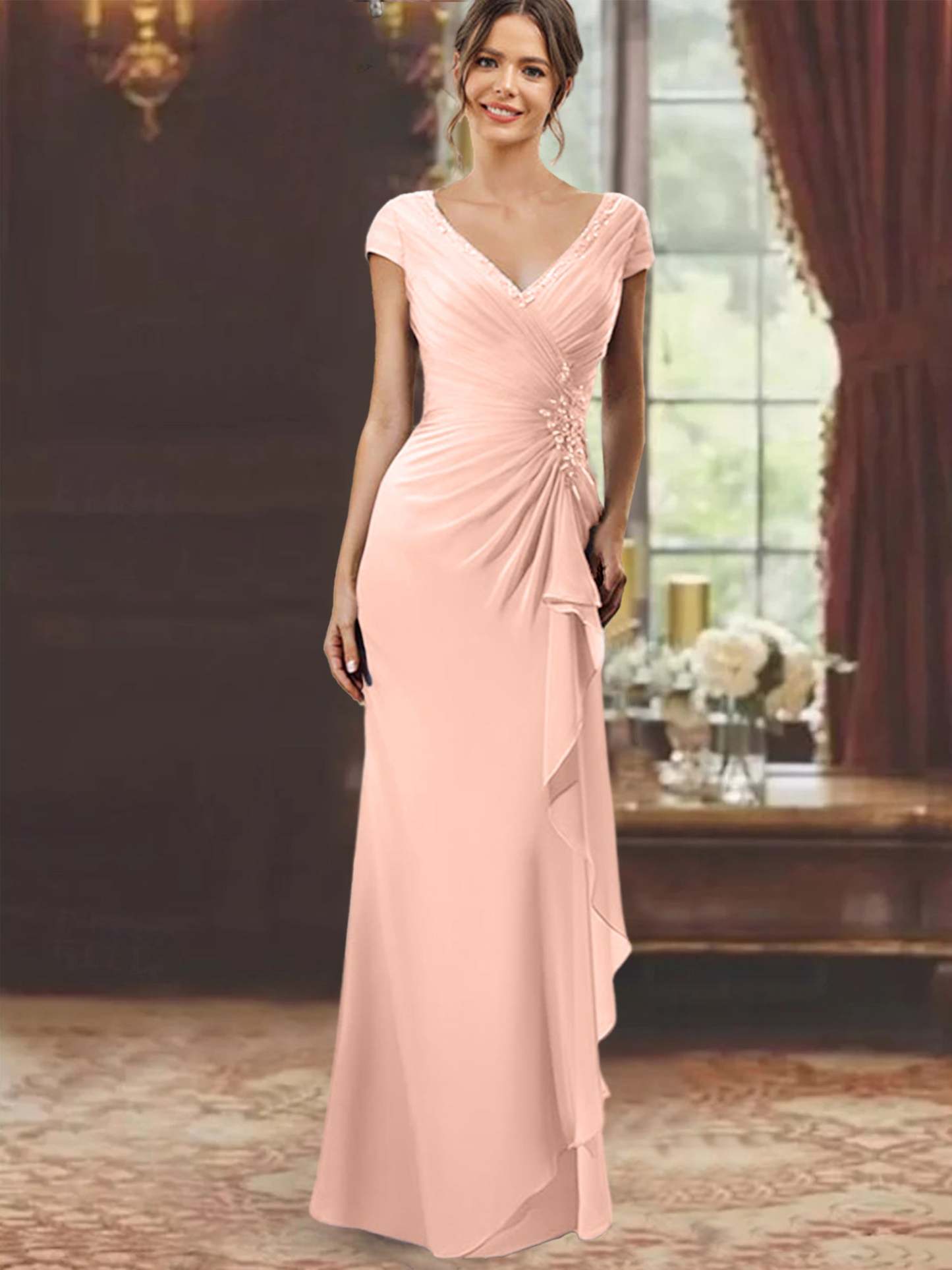 V-Neck Short-Sleeve Floor-Length Sheath Dress for the Mother of the Bride with Ruffles and Appliques-BMbridal