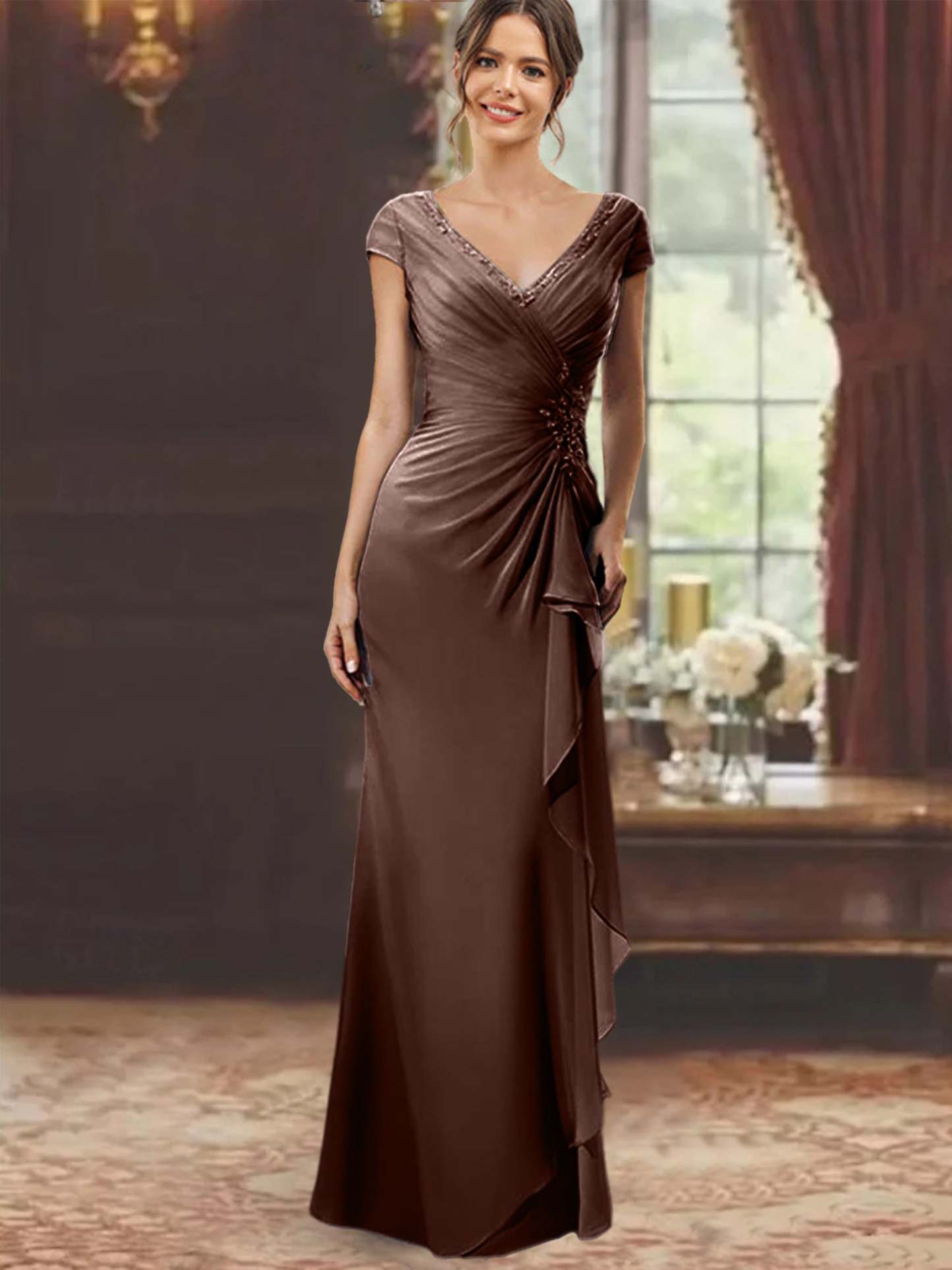 V-Neck Short-Sleeve Floor-Length Sheath Dress for the Mother of the Bride with Ruffles and Appliques-BMbridal
