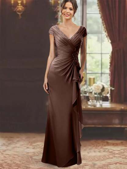 V-Neck Short-Sleeve Floor-Length Sheath Dress for the Mother of the Bride with Ruffles and Appliques-BMbridal