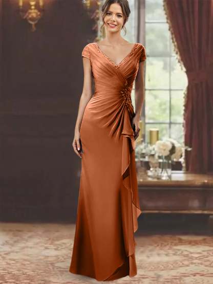 V-Neck Short-Sleeve Floor-Length Sheath Dress for the Mother of the Bride with Ruffles and Appliques-BMbridal