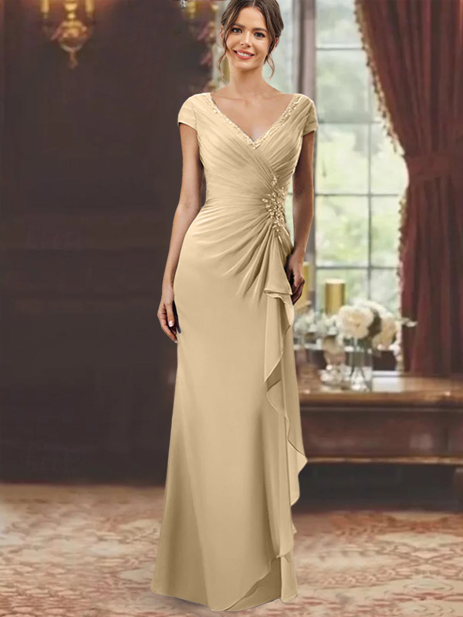 V-Neck Short-Sleeve Floor-Length Sheath Dress for the Mother of the Bride with Ruffles and Appliques-BMbridal