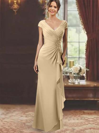 V-Neck Short-Sleeve Floor-Length Sheath Dress for the Mother of the Bride with Ruffles and Appliques-BMbridal
