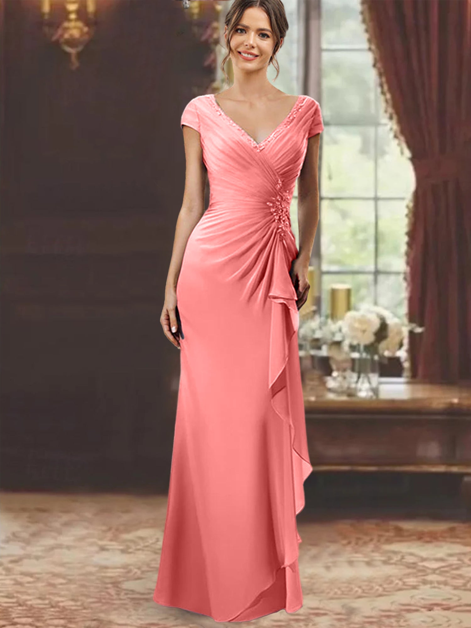V-Neck Short-Sleeve Floor-Length Sheath Dress for the Mother of the Bride with Ruffles and Appliques-BMbridal