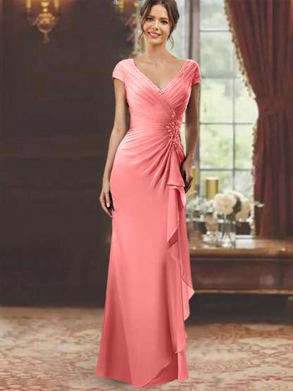 V-Neck Short-Sleeve Floor-Length Sheath Dress for the Mother of the Bride with Ruffles and Appliques-BMbridal