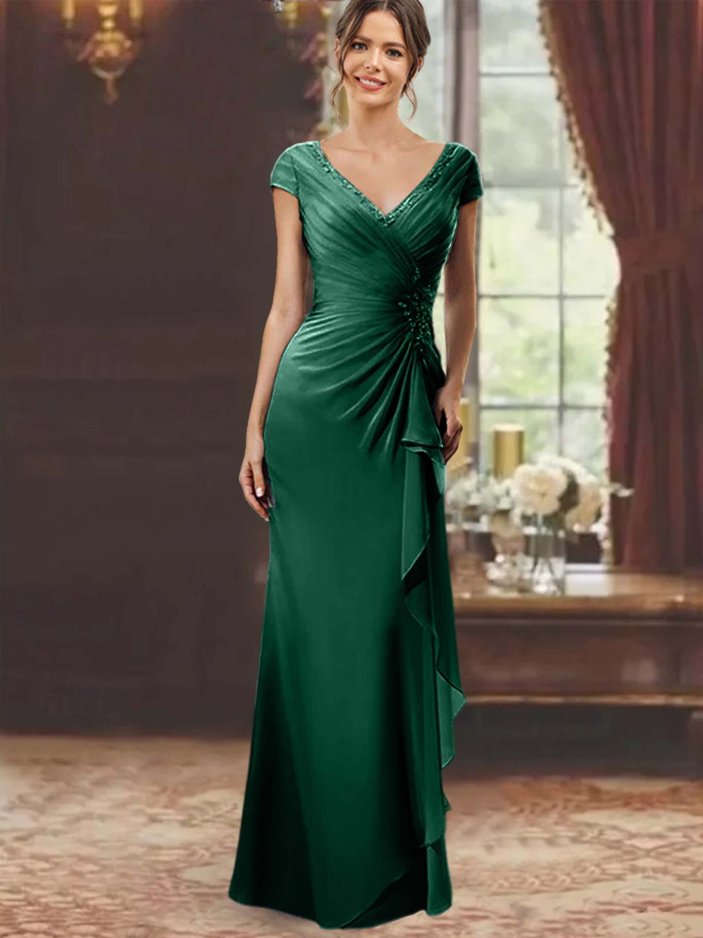 V-Neck Short-Sleeve Floor-Length Sheath Dress for the Mother of the Bride with Ruffles and Appliques-BMbridal