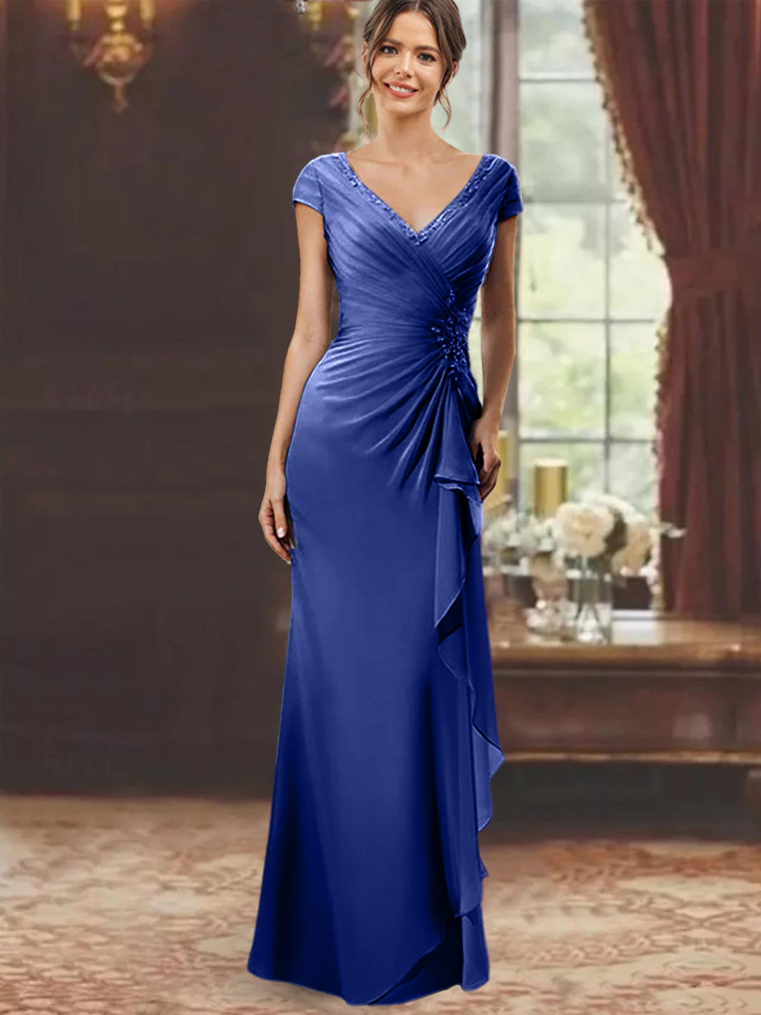 V-Neck Short-Sleeve Floor-Length Sheath Dress for the Mother of the Bride with Ruffles and Appliques-BMbridal