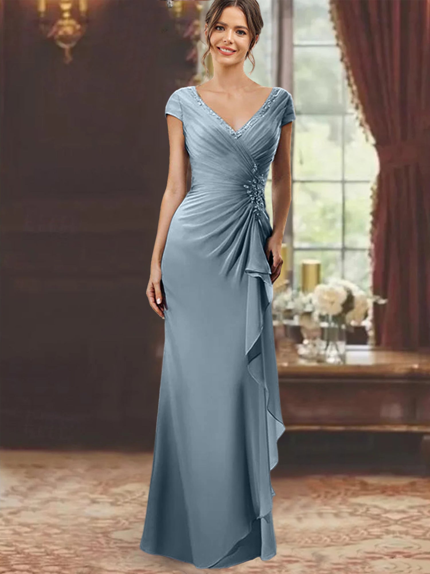 V-Neck Short-Sleeve Floor-Length Sheath Dress for the Mother of the Bride with Ruffles and Appliques-BMbridal